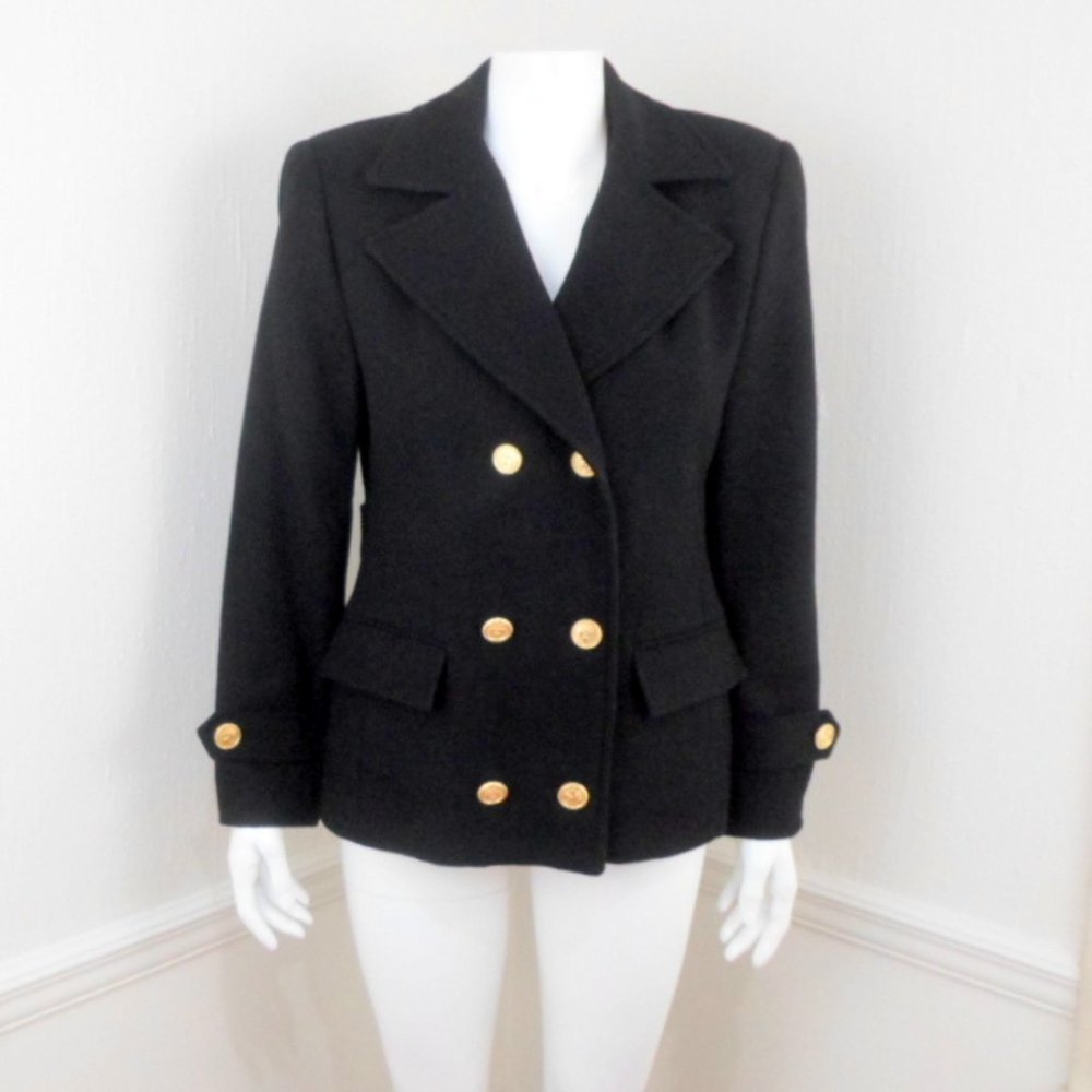 Vintage International Scene Black Wool Double Breasted Blazer Jacket  Womens 6